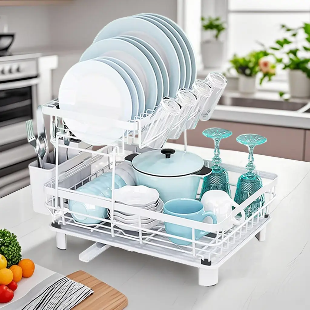 2-layer dish drying rack, kitchen counter space saving dish rack, dish drain drying rack with drip board, utensil rack, cup rack, tray rack and automatic drainage board, black Bowl Organiser
