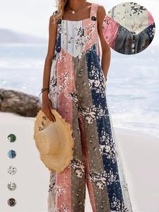 【plus size】 all over print button design overall jumpsuit, boho slight stretch casual sleeveless wide leg jumpsuit for beach holiday vacation, women's clothes for summer, bohemian womenswear, premium fabric, chic casual jumpsuit