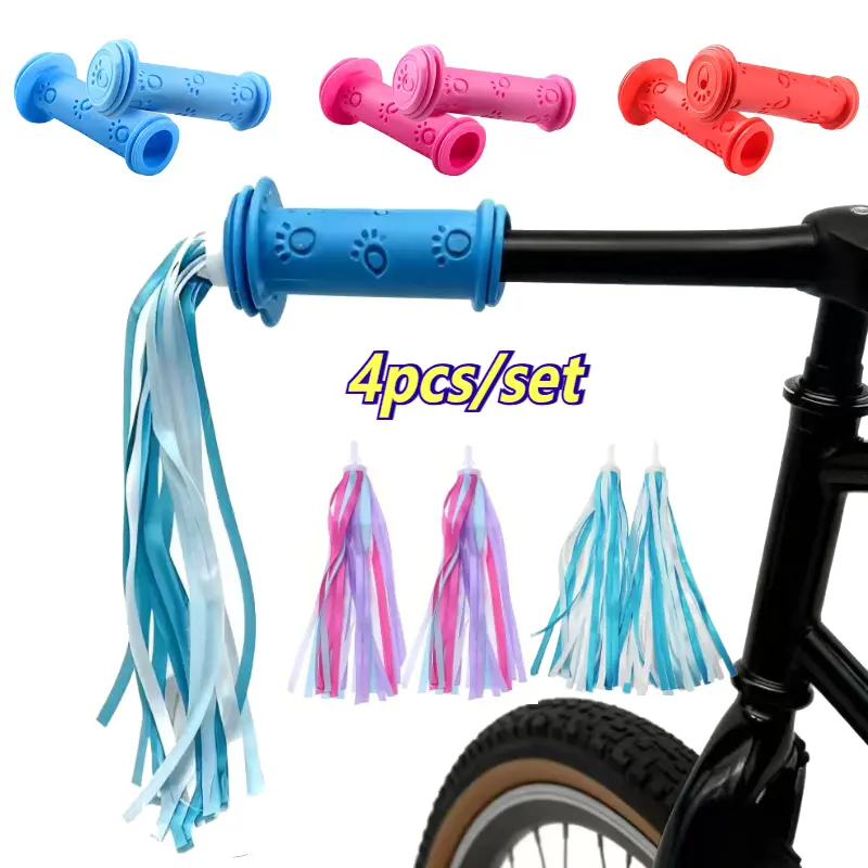 4pcs-Set Unisex Bicycle Handlebar Rubber Grips with Vibrant Tassel Ribbon Streamers, Outdoor Sports Cycling Accessories, Ebike Accessories for Bikes & Scooters