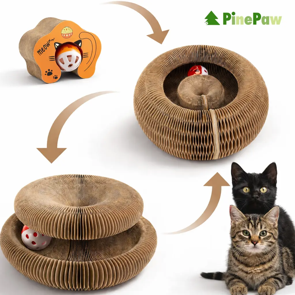 Cardboard Accordion Cat Scratcher Toy - Recyclable Paper, Fold-Flat Storage, Accordion Shape, Compact, Durable, Built-in Bell for Bell Ball Sparks Chases, Mental Stimulation, Indoor Pet Supply