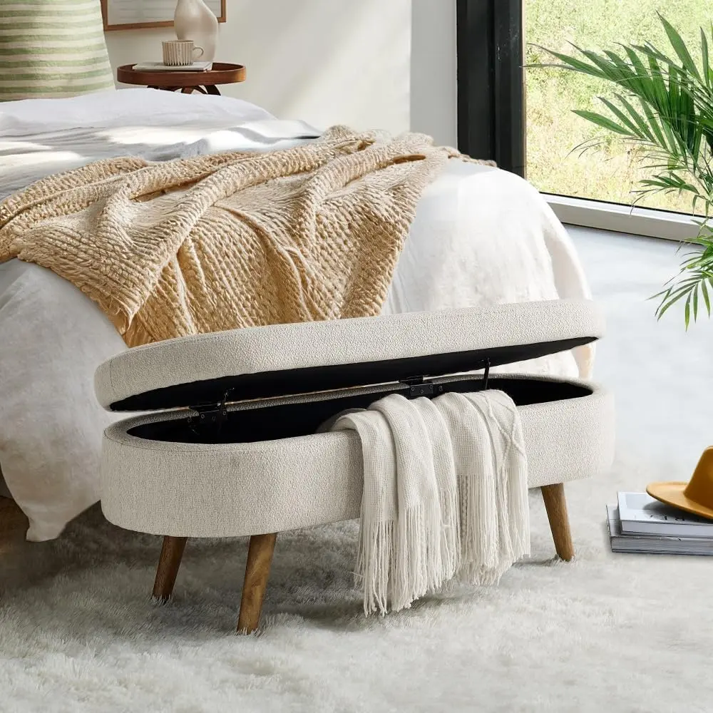 Niccae Oval Storage Ottoman Bench, 43.5 Inches Ottoman with Storage, Linen Upholstered Bench with Storage, Safety Hinge Flip Top, Solid Wood Legs for Living Room, Entryway, 250 lbs Load