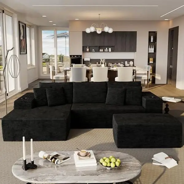 Loftiage 104.3'' Cloud Sectional Sofa, U-Shaped Modular Couch with Chaise & Ottoman, No Assembly Sofa for Living Room, USB Port, Cup Holder, Side Pocket, Plush Corduroy Fabric, Black & Beige-Grey