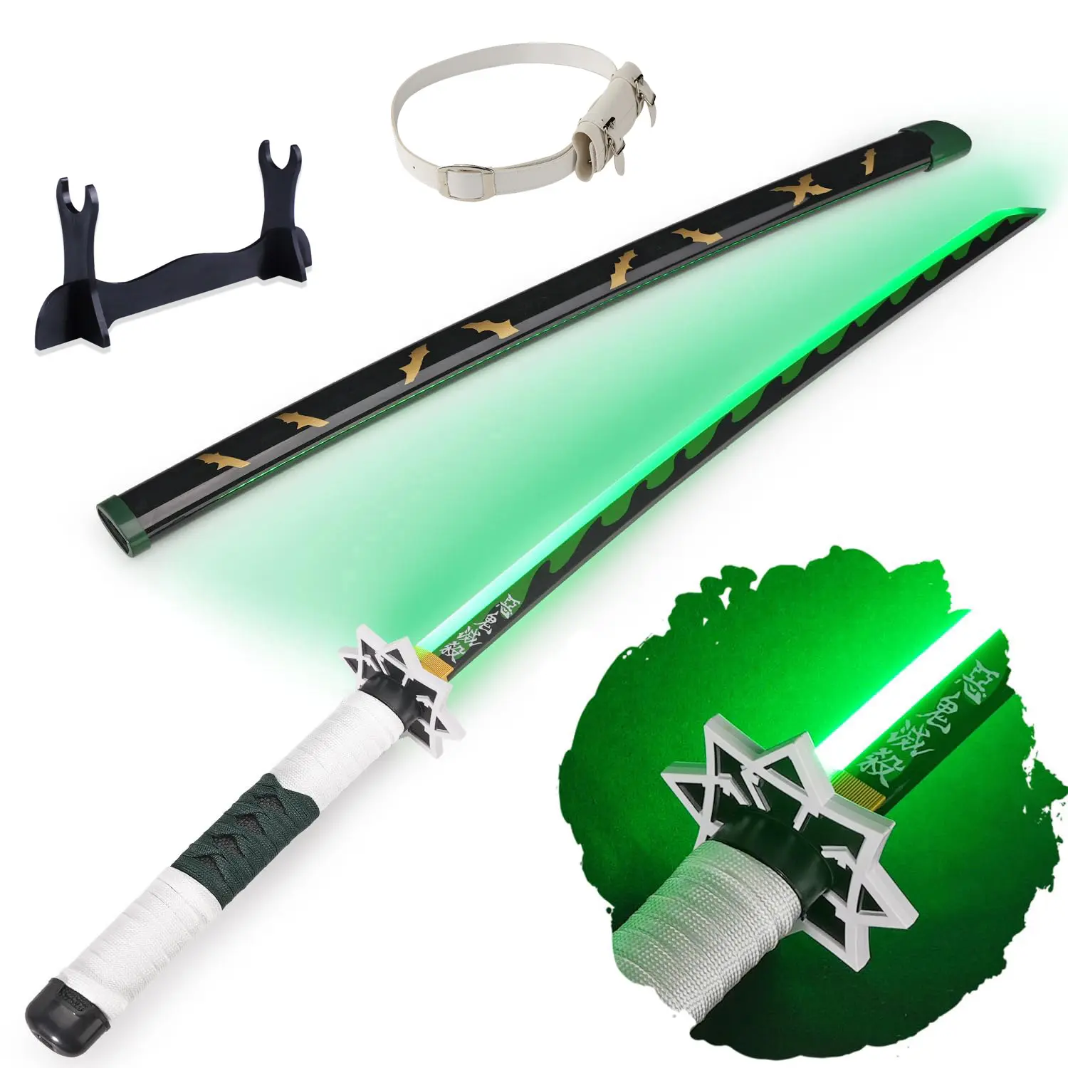 Cosplay Sword Replica, 41-Inch Demon Slayer Shinazugawa Sanemi Plastic Katana with LED Lighting for Anime Fans, Includes Belt & Holder Stand