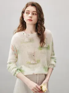 COMOBOCA Women's Bunny Printed Round Neck Sweater - Lightweight & Soft for Cozy Winter Wear