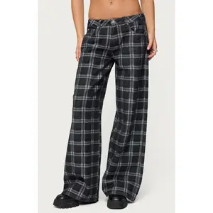 Edikted Women's Kailani Plaid Low Rise Baggy Jeans