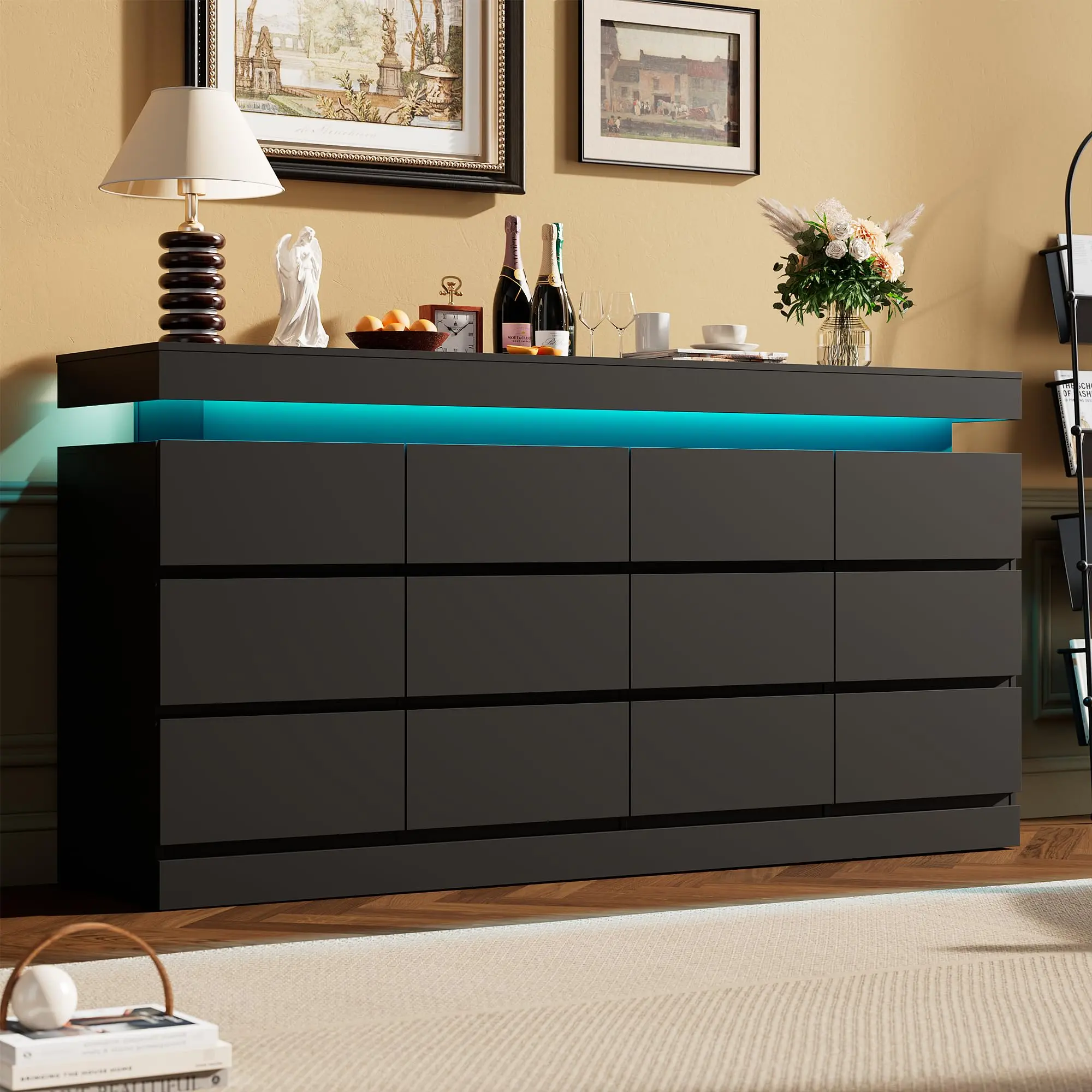 Modern 6-12 Drawer Sturdy Furniture Dresser - LED Lighting & Charging Station - Open Shelf - Versatile as Bedside Table or TV Stand - Bedroom Decor, Living Room Storage Solution, Living Room Furniture