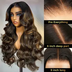OQ HAIR Highlight Body Wave TPart Lace Front Wigs Human Hair Pre Plucked 200% Density Wear Go Glueless Balayage Wigs