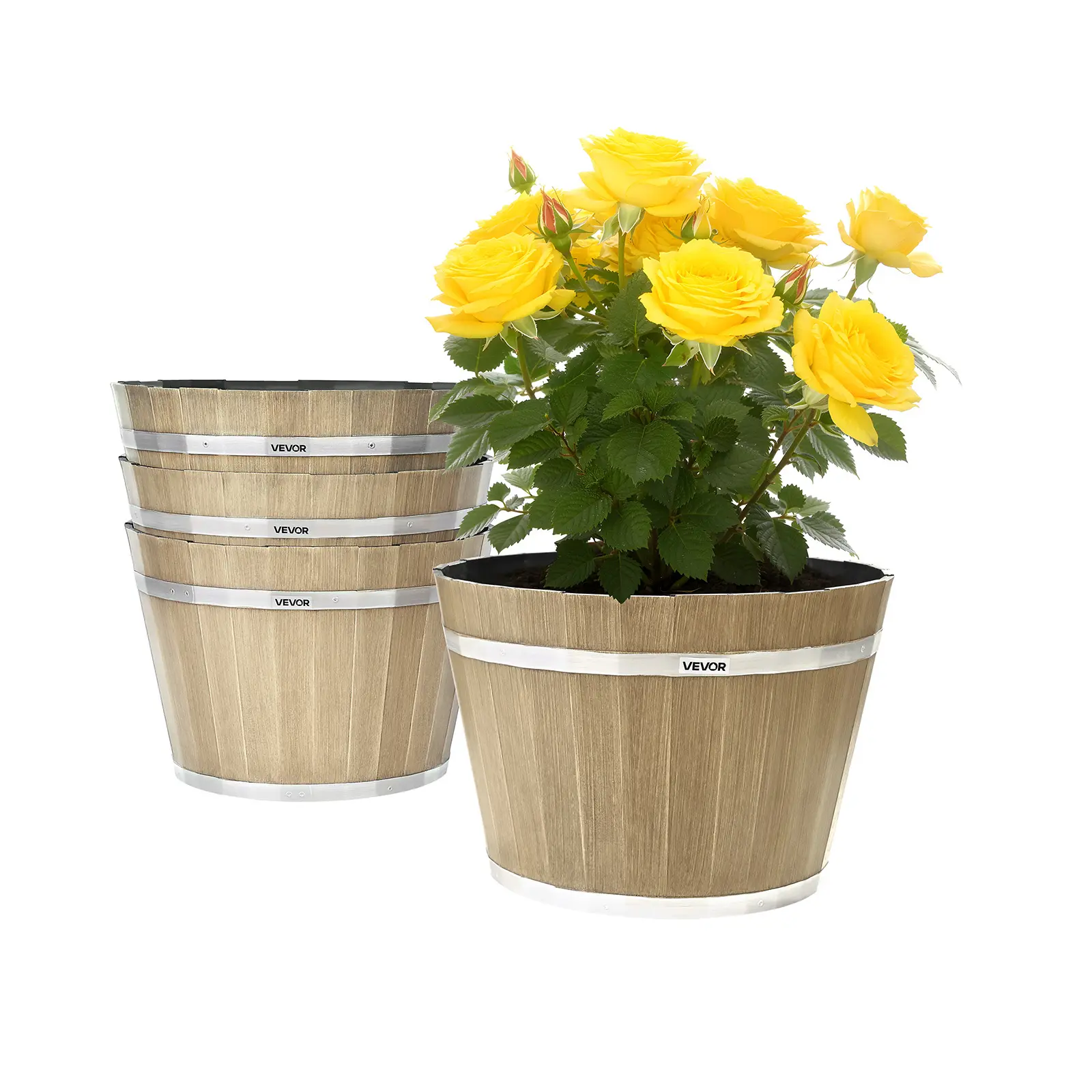 VEVOR 4-Pack 11.81in Whiskey Barrel Stackable Pots, Large Brown Plastic Planters with Drainage Holes, Imitation Wine Barrel Design for Indoor-Outdoor Garden Use, Outdoor Backyard Flower Garden Accessories, Outdoor Garden Accessories#BacktoSchool