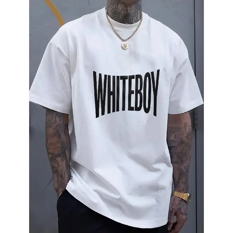 Men'S Oversized Black T-Shirt with WHITEBOY Bold White Print - Streetwear Style Round Neck Short Sleeve Casual Shirt, H-Line Fit for All-Season Comfort, Bold Statement Tee for Casual Attire & Layering, Adult Men'S Fashion Essential
