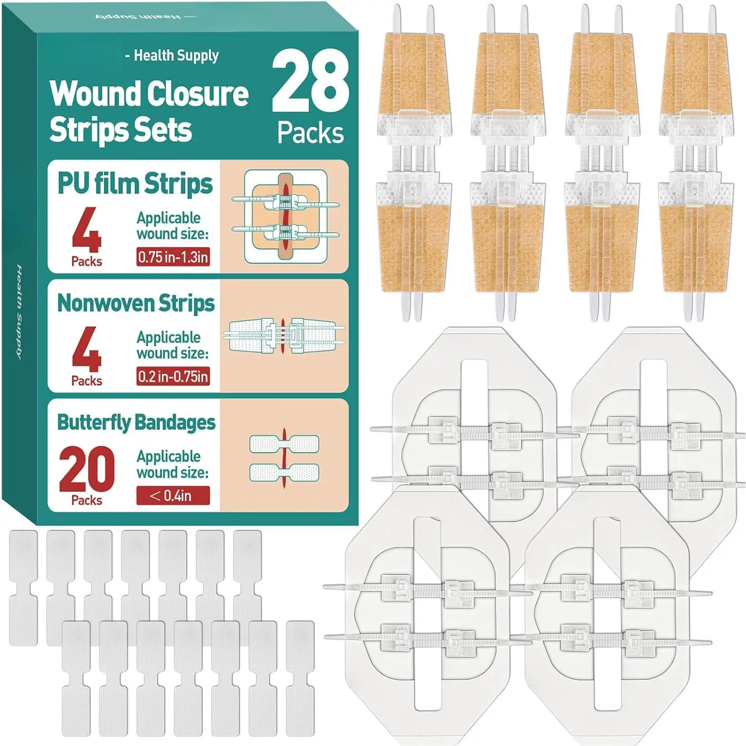 28 Pack Wound Closure Strips, 3 Types Butterfly Bandages, Emergency Laceration Closure Kit, Repair Wounds Without Stitches, Quick Clot Zip Stitch Wound Closures Device