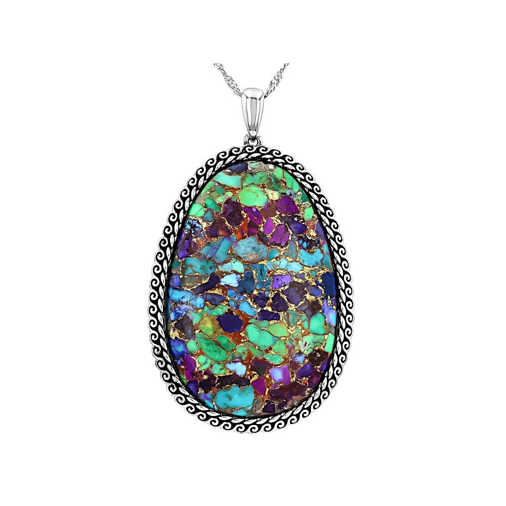 JTV Blended Multi-Color Composite Turquoise Rhodium Plated Pendant with Chain