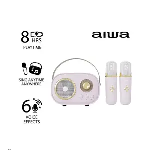 Aiwa Retro Wireless Karaoke Speaker AI6028-MNT (Mint Pink White) - 2 Mics, 5W Audios, 8 Hours Playtime, 6 Voice Modes, FM Radio, Bluetooth