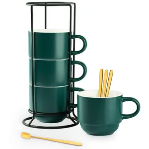 Stackable Coffee Mugs, Coffee Mug Set of 4 with Rack and Spoons, 11 oz Tea Cup Set for Espresso Drinks Cappuccino Latte, Coffee Cup Christmas Gift, Dark Green