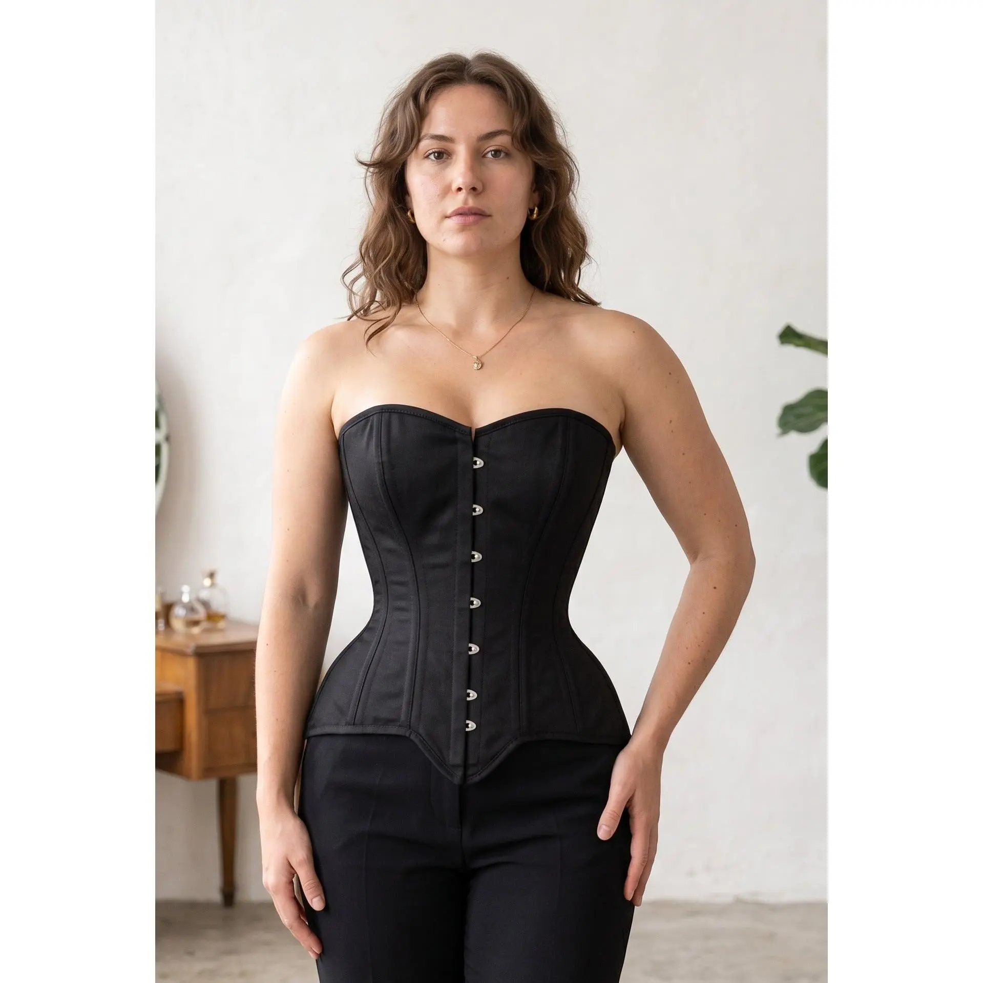 Black Cotton Over Bust Corset for Women - Steel Boned Waist Training and Shaping - Shapewear, Womenswear