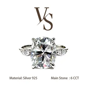 [Venus Jewelry] Synthetic Moissanite 6 CCT Elongated Cushion Shape Triple Stone Luxury Thick Band Design VVS 1 D Color Solid Silver 925 Solitare Ring