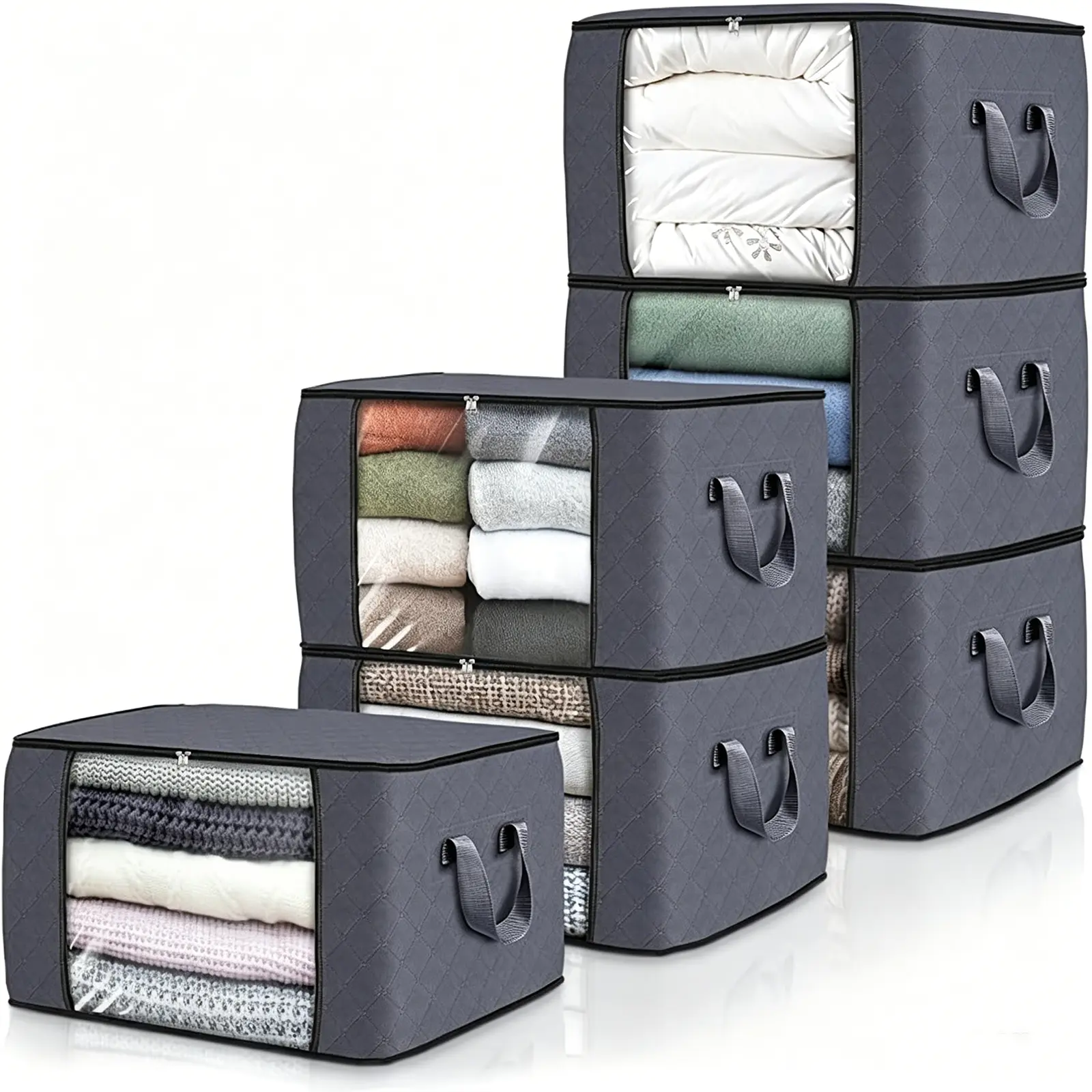 Grey 6-pack clothing storage bag foldable thick cloth blanket used for organizing bedroom wardrobe clothes bedding and storage containers with handles