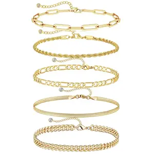 Veliora Gift S 14K Gold-Plated Trendy Bracelet Set for Women - Thin Dainty Stackable Cuban & Paperclip Chain Bracelets Minimalist Elegant Jewelry Gift Set