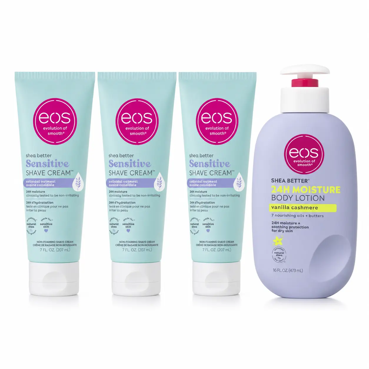 EOS Sensitive Shave Cream & Vanilla Cashmere Body Lotion Bundle – 3 Pack Shave Cream + 1 Moisturizing Lotion, Colloidal Oatmeal & Shea Butter