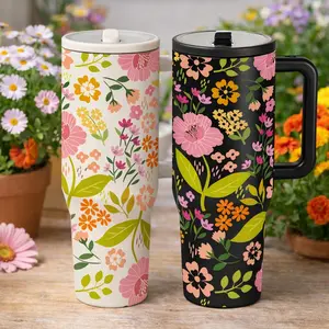 AuraCup 1pc 40oz Insulated Tumbler with Handle and Lid, Colorful Floral Pattern Stainless Steel Travel Mug, Insulated Drinkware, Double Wall Vacuum Tumbler for Hot Cold Drinks, Large Capacity Gift for Garden and Nature Lovers
