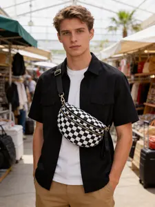 New street trend black and white checkerboard messenger bag, double zipper layered commuter bag, suitable for American retro street wear carry-on bag