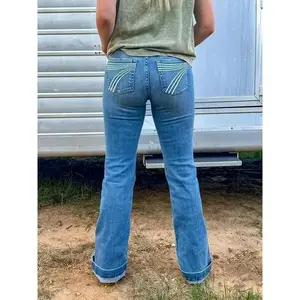 1 piece Women's High Waist Flared Jeans, Patchwork Detail, Medium Stretch, Washed Fabric, Vintage Style, All-Season Casual Wear