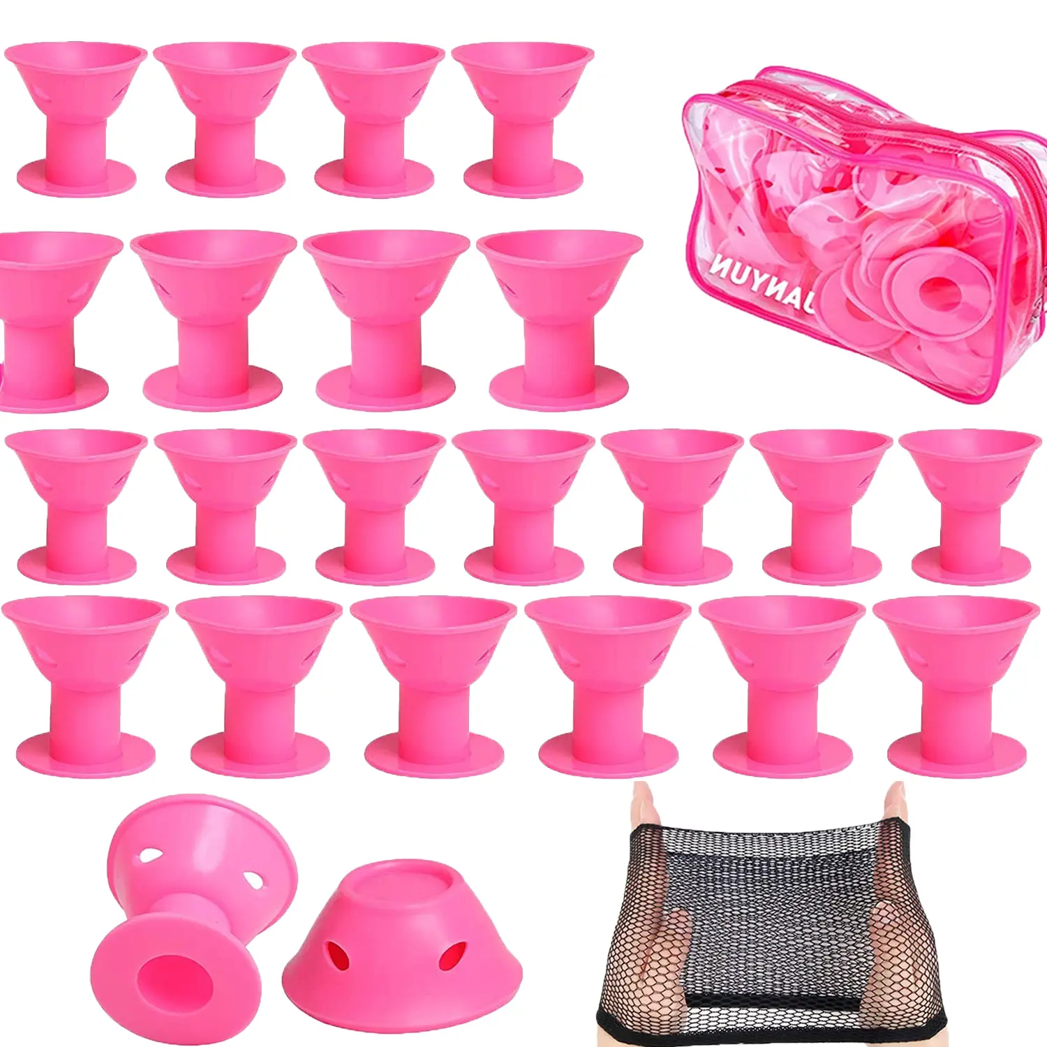 40PCS Pink Silicone Hair Curlers Set, 20 Large + 20 Small Magic Hair Rollers, No Heat No Clip Reusable Soft Silicone Curlers for Women & Girls