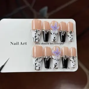 10pcs high-end y2k Millennium Spice Girl style, hand-painted zebra stripes, three-dimensional carvings, sparkling diamond pile, rhinestone embellished handmade fake nails, False Nails