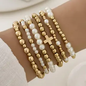 6PCS Elegant Women Imitation Pearl Handmade Bead Bracelet Set Bohemian Elastic CCB Golden Beads Multi-layer Bracelet Vintage Cross Stackable Chain Set