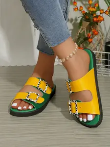 New Multicolor Double Buckle Slip-On Sandals for Women, Thick Sole Outdoor Casual Beach Slippers, Comfortable Summer Footwear