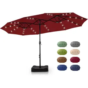 15/13Ft Solar Patio Umbrella with Base, Extra Large Outdoor Double-Sided Twin Umbrella with 48 LED Lights & Crank Handle for Garden, Deck, Poolside, Patio