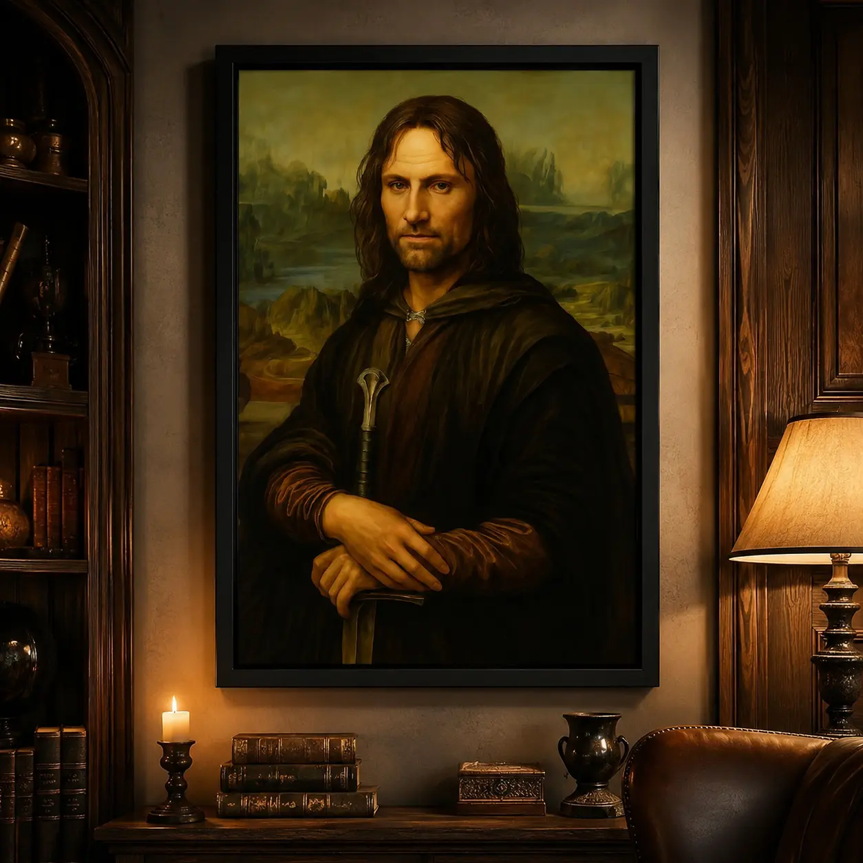 The Mona Aragorn – Funny Fantasy Meme Poster for Room Decor Artistic Wall Decoration, Canvas Wall Art Print, Humorous Fantasy Inspired Portrait Painting, Vintage Aesthetic Poster for Bedroom Living Room Dorm Office Man Cave Decor, Unique Gift for Fans
