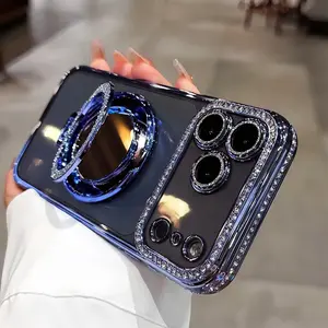 【Freeship】Women's Phone Case with Mirror & Stand for iPhone 17, 16, 15, 14, 13, 12, 11, X, XS, AIR, PRO, PLUS, MAX, AIR, Features Shiny Frame, High-Definition Transparent Material, Full-Body Drop-Resistant Design, Camera Protection