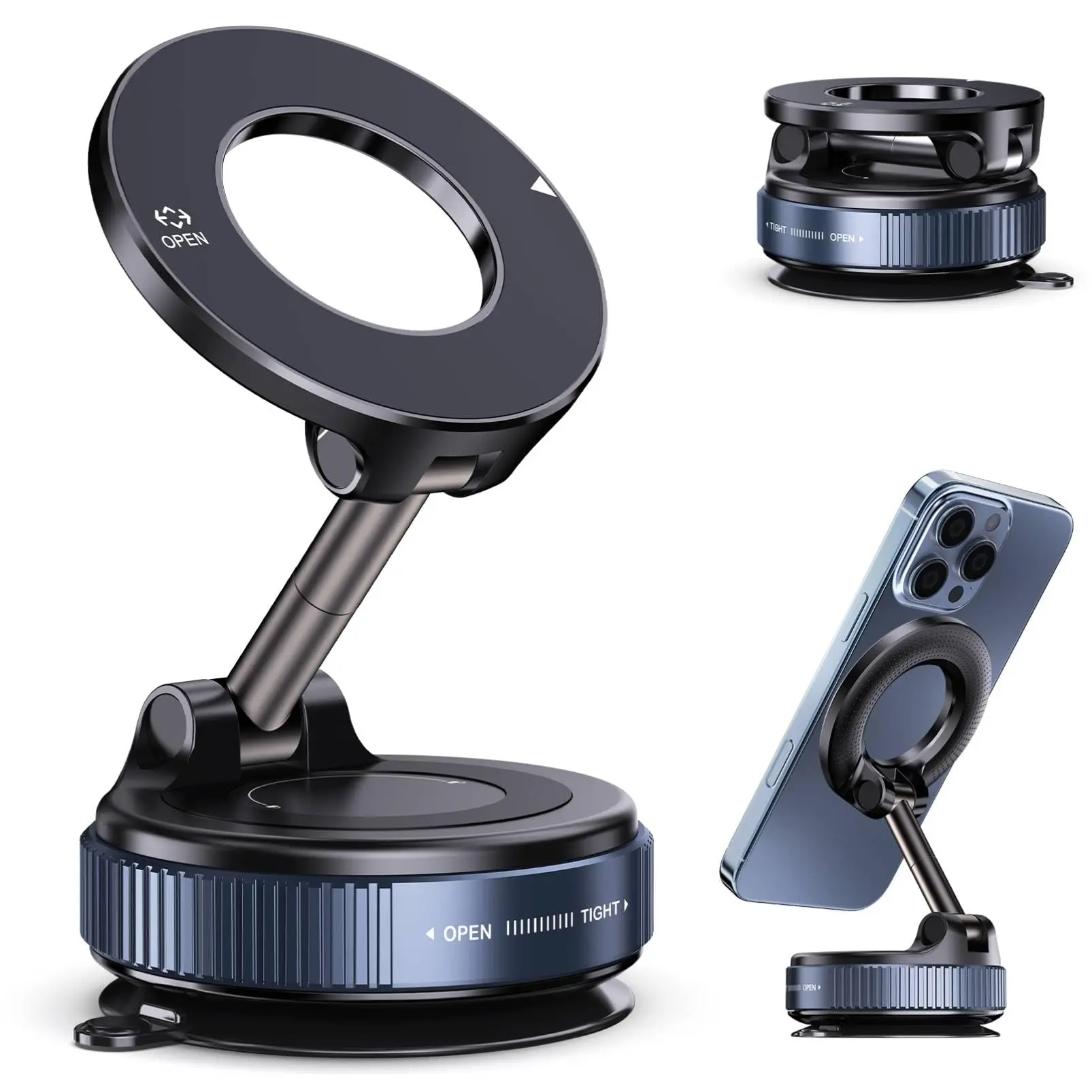 360° Adjustable Magnetic Phone Mount for Car Dashboard, Foldable Universal MagSafe Phone Holder, Strong Suction Cup Stand for Car, Gym, Mirror & Smooth Surfaces, Compatible with iPhone & Android