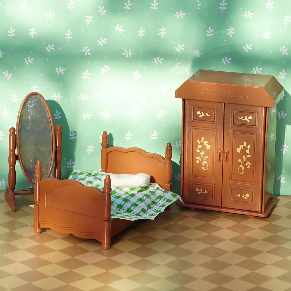 Play House Furniture Toy Set, 1 Set Miniature Wardrobe & Doll Bed & Mirror & Pillow & Quilt, Doll House Accessory, Play House Accessories for Gifts