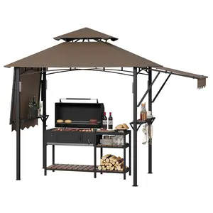 8x5 Grill Gazebo Outdoor BBQ Canopy, Double Tier Patio Grill Shelter with Adjustable Dual Side Awnings, 2 Handy Shelves, Hooks & Ceiling Light Hook, Heavy Duty Steel Frame for Backyard-Coffee