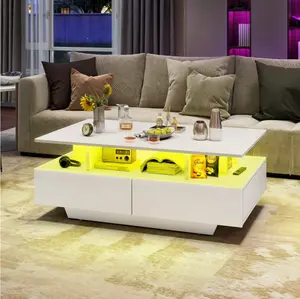 LED Coffee Table, Modern Center Tables with Storage for Living Room, White
