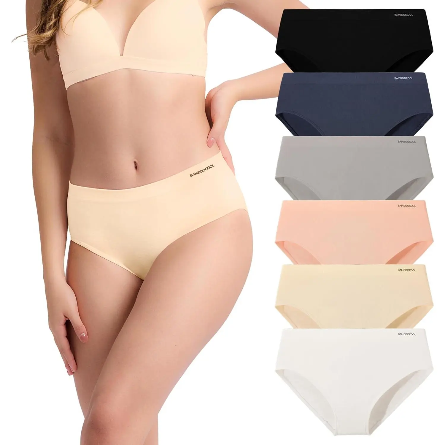 Women's 6-Pack Panties, Seamless Mid-Waist Hipster in Soft Bamboo Viscose & Nylon, Multicolor Print Lingerie, Seamless Knicker, Lady, Smooth, Soft Breathable Panties, Style, Six Pairs