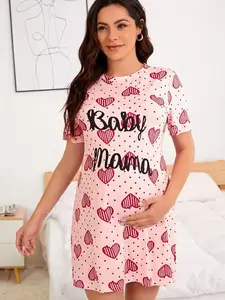 Maternity Heart And Letter Graphic Nightdress For Mother Short Sleeve Round Neck Polka Dot Baby Pink Sleepshirt Spring Summer