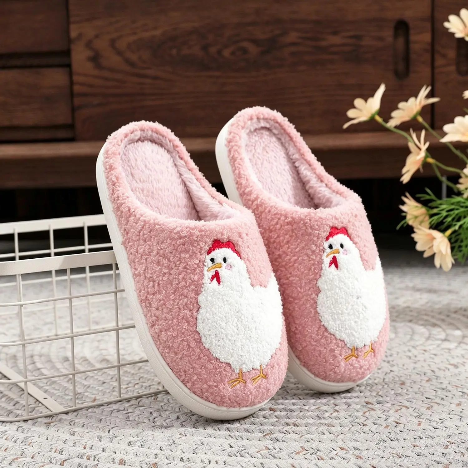 Women's 3D Fluffy Soft Plush Hen Slide Slippers - Casual Shoe with Cute Chicken Embroidery, Warm Breathable Cushioning, Cotton Upper, Rubber Sole, Round Toe, Slip-On Ankle, Low Heel, Supportive Memory Foam, Fall Winter Gift for Farm Parents, Indoor Wear