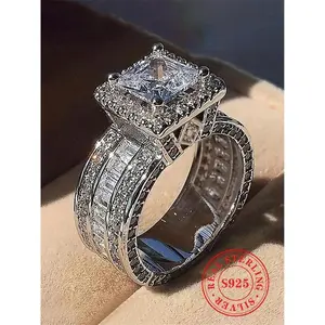 Luxury S925 sterling silver ring with gorgeous artificial crystal back design; women’s wedding engagement ring jewelry gift for back to school, summer parties, and Valentine’s Day