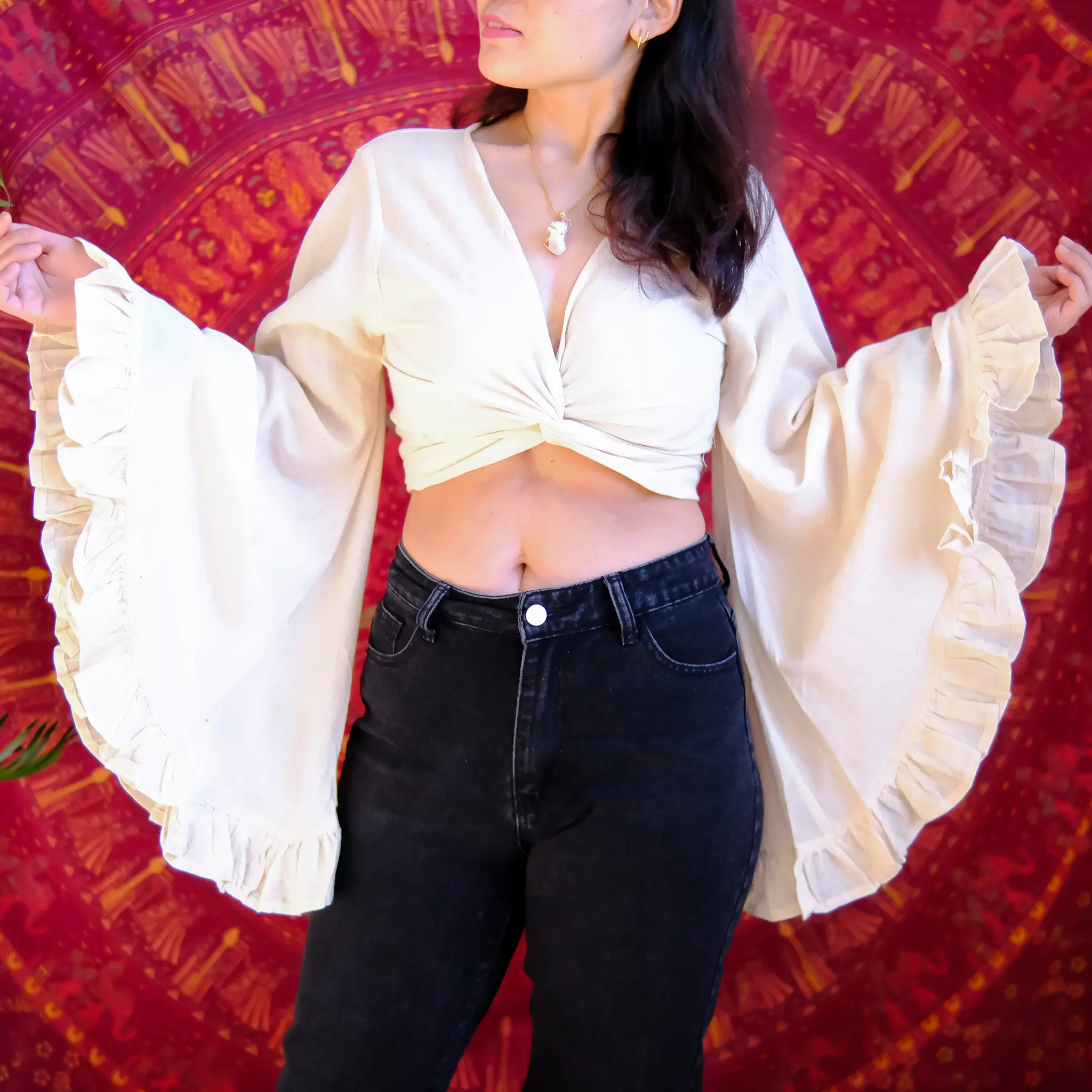 Cotton Semi Sheer Bell Sleeve Wrap Top - Boho Tie Top with Flare Sleeves, Free Spirit Style, Plus Size, 90s Retro Fashion, Handmade Cotton