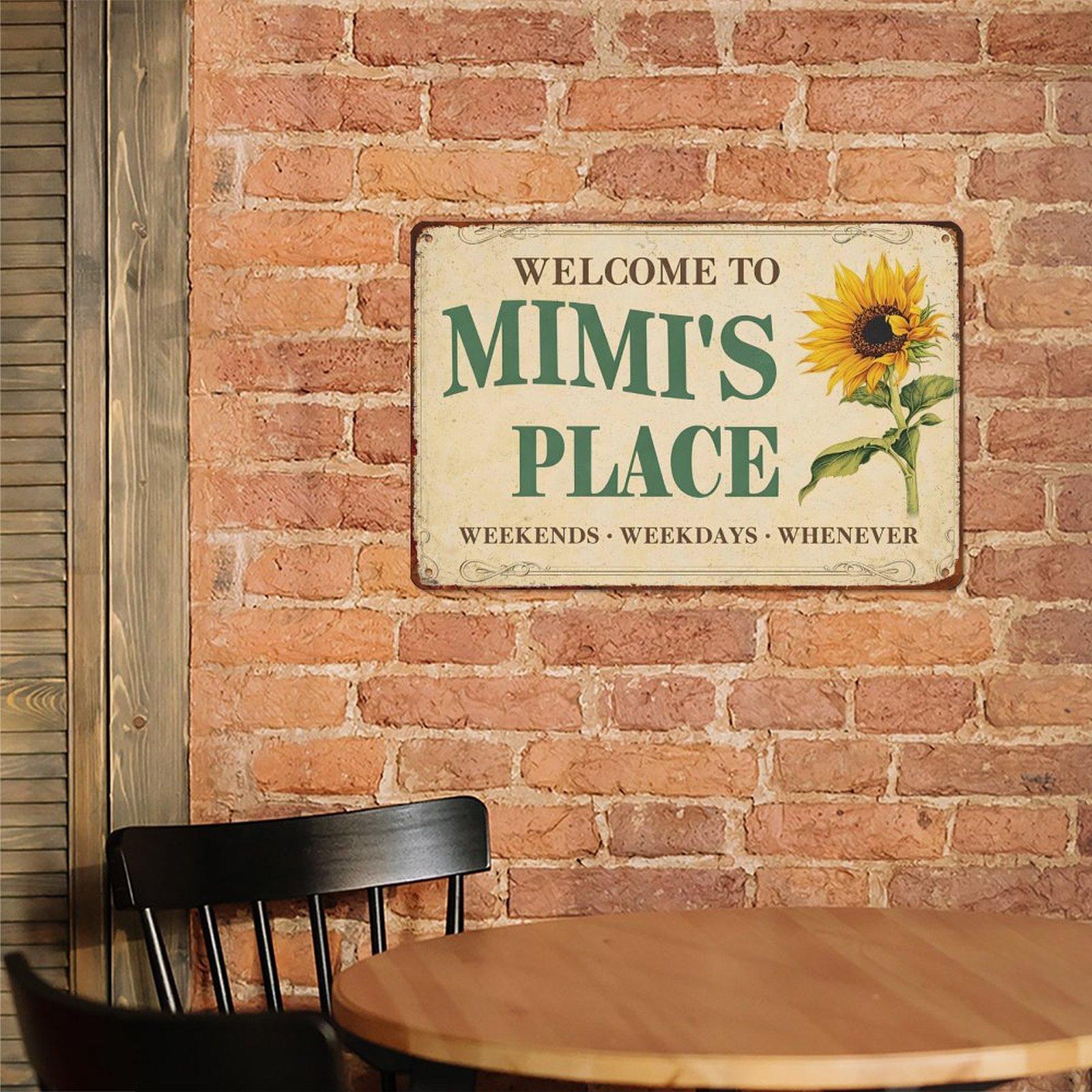 "Welcome To Mimi's Place" Vintage Sunflower Metal Sign, 8x12 Inch Retro Rustic Wall Decor