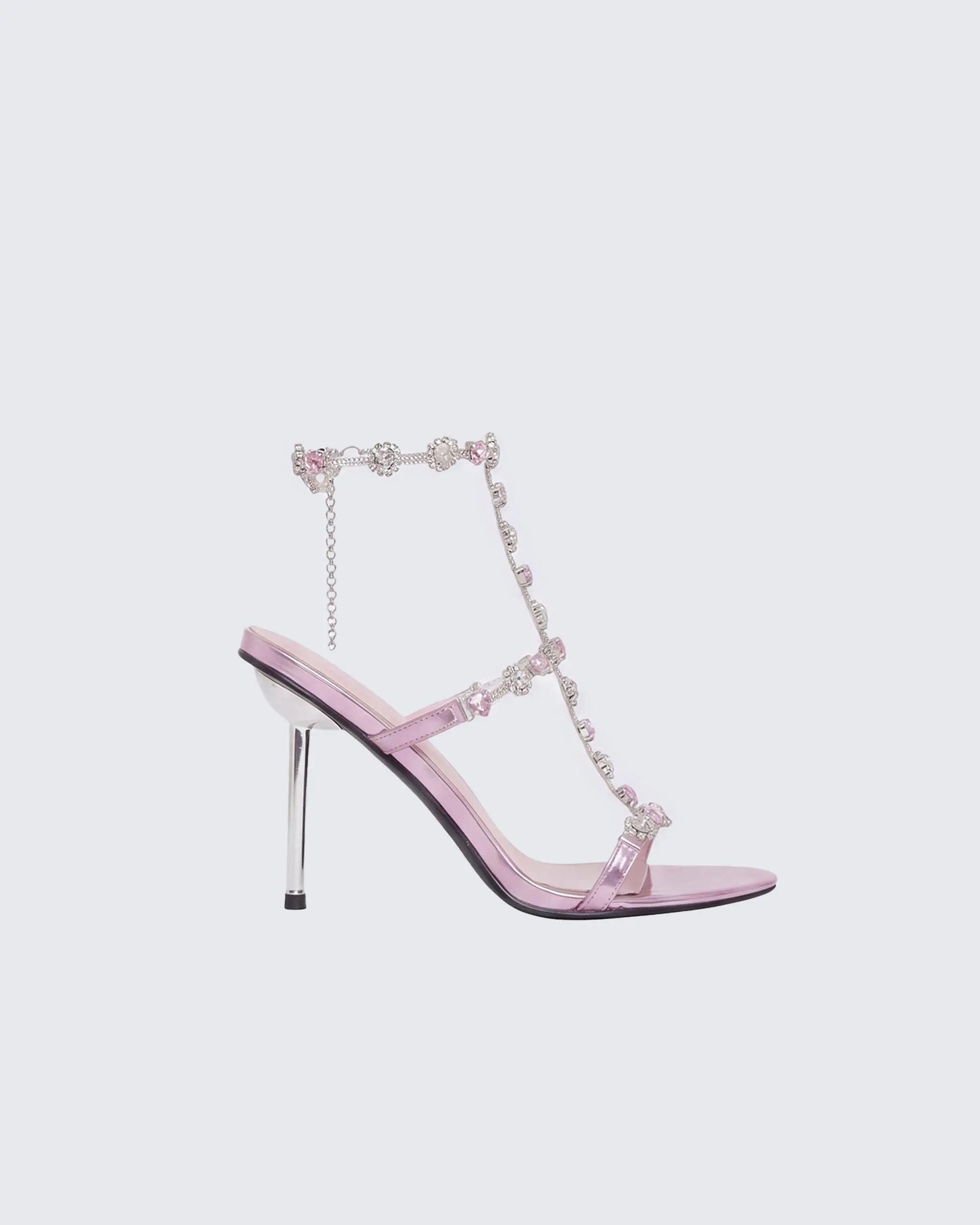 Women's Pink Metallic Leather Stiletto Sandals - Open Toe, Rhinestone T-Strap, Adjustable Strap, Crystal Ankle Chain Footwear for Party