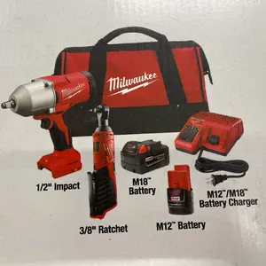Milwaukee Impact and Ratchet Set with M18 Battery and M12/M18 Battery Charger for Efficient Tool Use