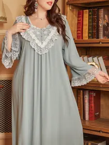 New Spring Autumn Plus Size Sleepwear & Loungewear for Women, European Style Elegant Lace Trim Loose Long Sleeve, Comfortable Home Dress Lady