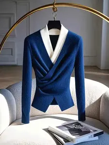 Women's Pleated Waist Patchwork Jumper, Formal Casual Lapel Neck Tunic, Fashion Spring Wear for Business, Ladies Long Sleeve Tops