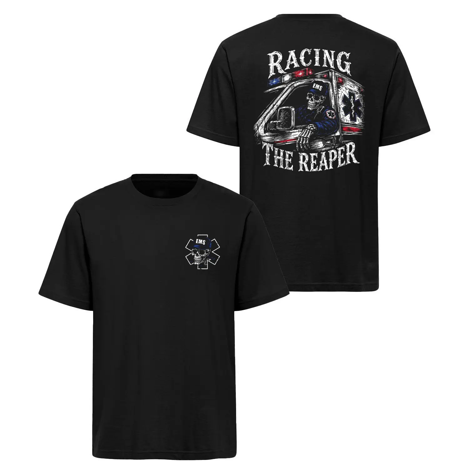 Racing the Reaper EMS T-Shirt, Skeleton Ambulance Graphic Tee for EMTs, Paramedics and First Responders