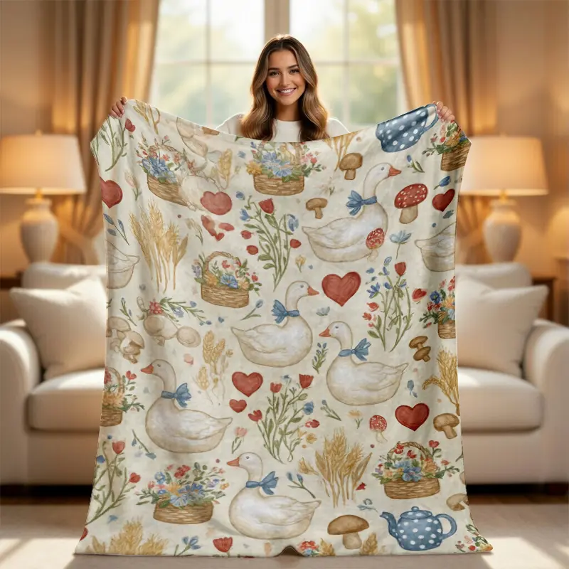 Cottagecore Goose & Wildflower Throw Blanket - Aesthetic Vintage Farmhouse  Blanket, Cute Retro Goose with Bow Plush Blanket, Shabby Chic Room Decor, Gift for Her