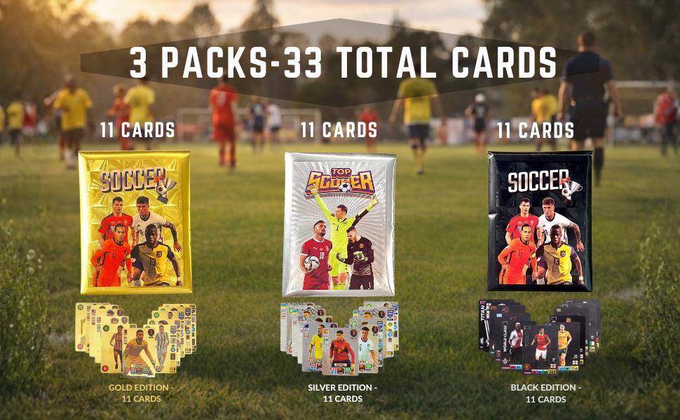 2026–27 Soccer Cards – 33 Unique Soccer Player Trading Cards |   3 Mystery Packs (Black, Gold & Silver) |   Different Cards in Each Pack |   Ideal for Football Fans & Collectors – Not Original