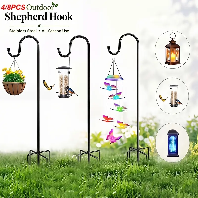 Outdoor Shepherd Hook Set, 2 Pieces – Adjustable Garden Hooks for Hanging Green Plants and Lanterns, Solar Lights, Glass Sealed Jar, Black Decorative Shepherd Hooks
